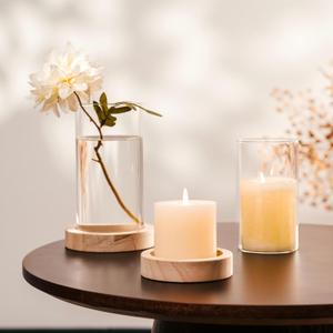 NUPTIO Hurricane Glass Candle Holders: Set of 2 Clear Cylinder Vases with Wooden Plate Base for Pillar Floating Candles Vase for Wedding Centerpiece Coffee Table Decor