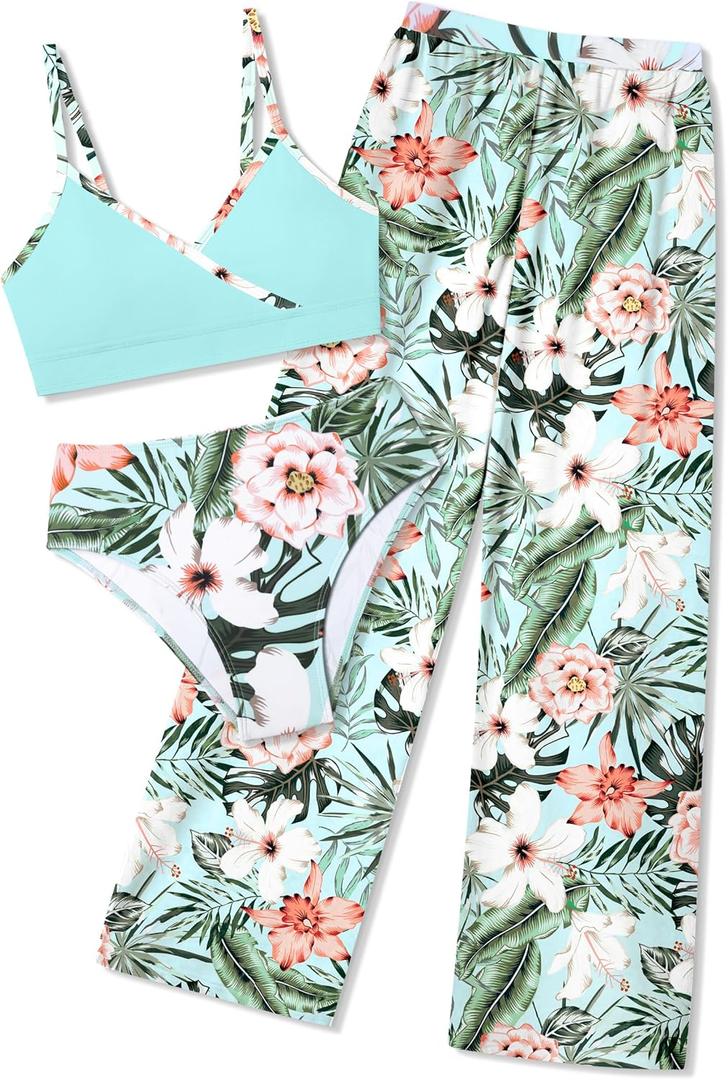 Girls Swimsuit 3 Piece Tropical Print Bathing Suit V Neck Bikini Set with Quick Dry Cover Up Pants 9-16Y (13-14 Years, Mint Green)