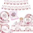 DWEARY floral 80th birthday decorations for women - 20 Guests - happy 80th party plates and napkins with birthday card - flower rose gold 80 year old decor supplies