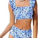 Girls 2 Piece Swimsuit Square Neck Ruched Ruffle Trim Bikini Sets Adjustable Straps Bathing Suit for Teen Girls 9-16Y (11-12 Years, Bluefloral)