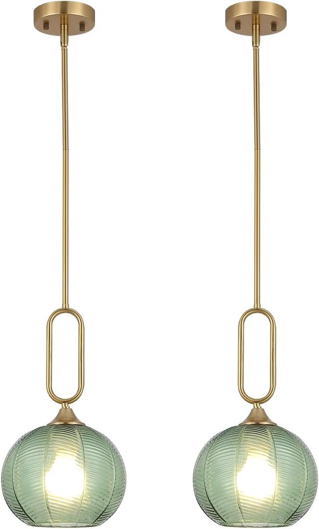 Green Glass Pendant Light Set of 2 Modern Globe Pendant Lighting Nordic Ribbed Gold Ceiling Hanging Chandelier with Brushed Brass Adjustable Rods Dining Room Kitchen Island Light Fixture