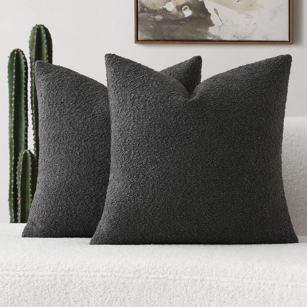 FUTEI Pack of 2 Dark Grey Decorative Throw Pillow Covers 18x18 Inch Soft Cozy Solid Boucle Textured Cushion Case,Modern Home Decor for Couch Bed Living Room