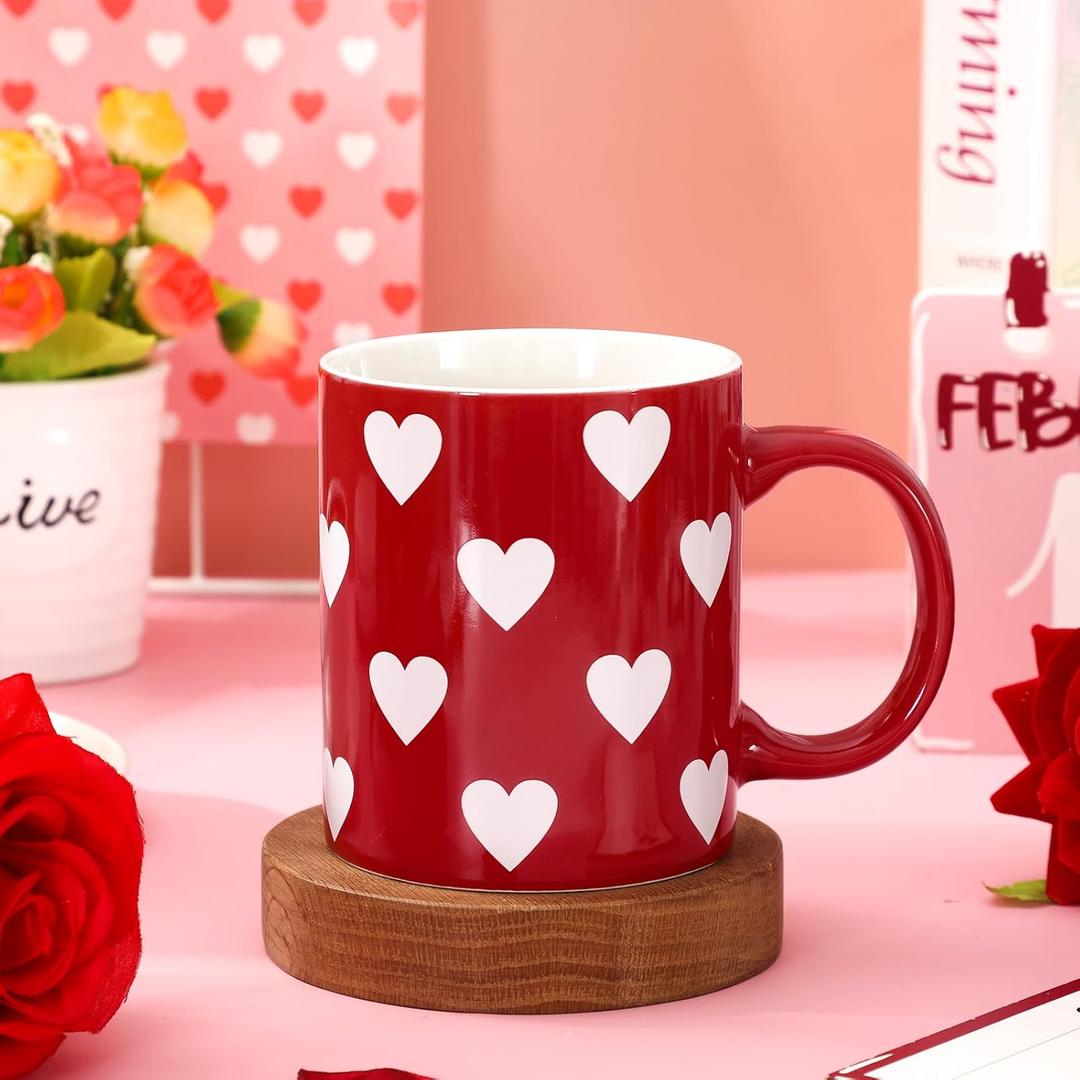Whaline Valentine's Day 12oz Mug Ceramic Drinking Cup Red White Heart Coffee Mug for Anniversary Wedding Engagement Supplies Table Centerpieces