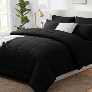 CozyLux Queen Comforter Set Black, 7 Pieces Bed in a Bag, Black Comforter Queen Size, All Season Bedding Sets with Stitch Quilted Comforter, Flat Sheet, Fitted Sheet, Pillowcases