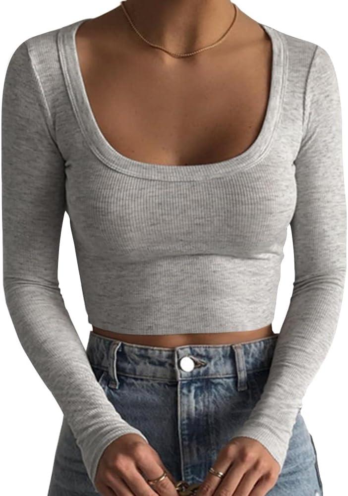 Artfish Women's Square Neck Long Sleeve Ribbed Slim Fitted Casual Basic Crop Top (Heather Grey) S