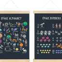 Nrleey Space Alphabet Numbers Wall Decor with Wooden Poster Hanger - Space Decor for Boys Room, ABC Alphabet Numbers Learning Wall Art Posters for Boys Bedroom Playroom, 12x16 Inch Set of 2
