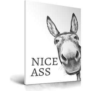 UPWOIGH Funny Bathroom Wall Art Decor, Black and White Donkey Wall Art, Waterproof Wood Framed Canvas Wall Art Animals Abstract Prints, 12x16in High-end Pictures for Dormitory Kids Room 1 Pack