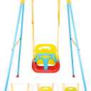 3-in-1 Toddler Swing Set, Indoor & Outdoor Baby Swing Heavy Duty Swing Set with Foldable Metal Stand for Aged 6 Months to 10 Years Old, Easy to Assemble and Store (RedBlue)