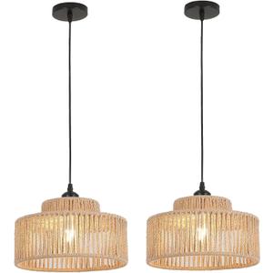 2 Pack Rattan Pendant Light,11 Inch Boho Kitchen Island light Fixtures,Handmade Woven Hanging Lamp,Small Wicker Chandelier,Basket Hanging Light for Bedroom Kitchen Living Room Restaurant Hallway Foyer