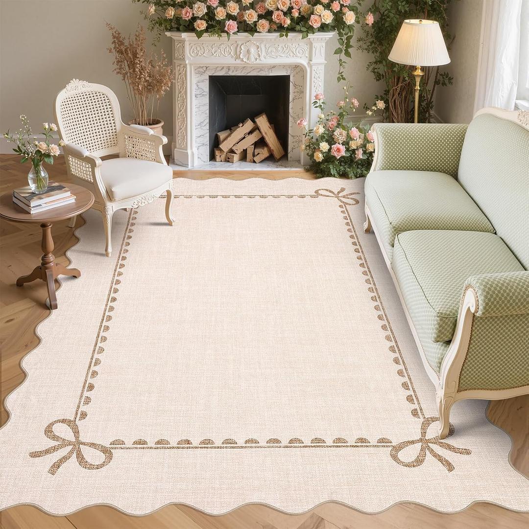 GarveeHome Scalloped Bow Rug for Living Room, Solid Beige Rug for Dorm, Washable Rugs 8x10 Soft Low Pile Non Slip Scalloped Rugs for Nursery College Bedroom Decor Kids Room Playroom