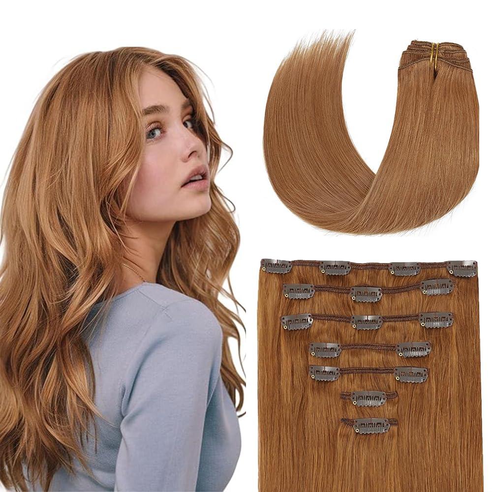 #30 Brown Clip in Hair Extensions - 22 Inch Real Remy Soft Brown Human Hair, 120g 7pcs, Light Brown Human Hair Extensions Clip ins for Women