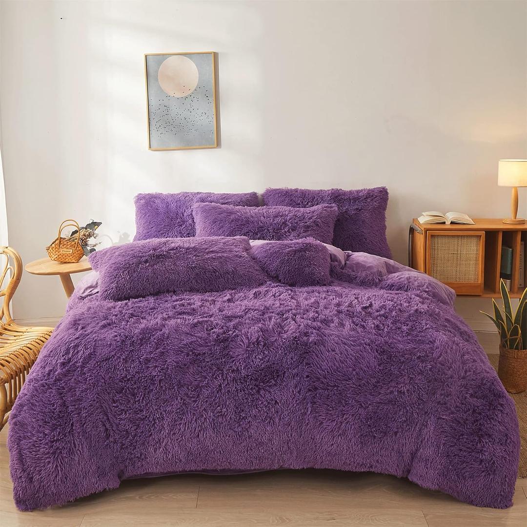 FOPPA Fluffy Dark Purple comforters Cover Twin Size  Ultra Soft Plush Purple Bedding Sets 2 Pieces (1 Faux Fur Comforter Cover + 1 Fuzzy Pillow case) Girls Shaggy Twin Bed Set