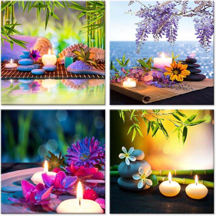 IHAPPYWALL Canvas Prints Zen Art Wall Decor Spa Massage Treatment Painting Picture Orchid Flower Frangipani Bamboo Flaming Candle Print On Canvas 4 Panel Ready to Hang 12''x12''x4pcs