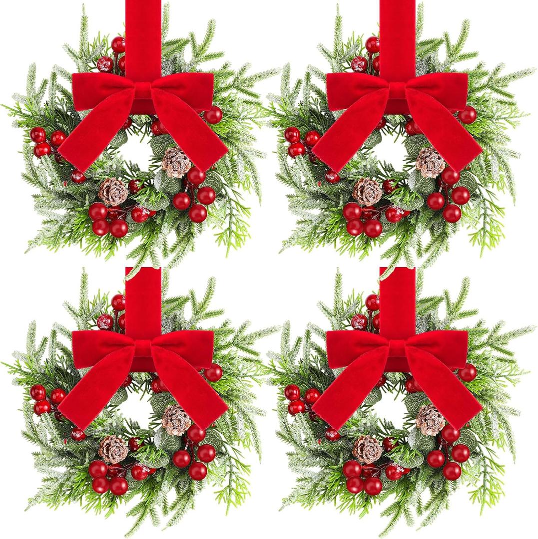 Dingion 4 Pcs Mini Christmas Kitchen Cabinet Wreath Small Christmas Wreath Decorations Norfolk Pine Artificial Berries Snowy Pine Garland with Red Ribbon for Xmas Table Centerpiece Front Door Decor