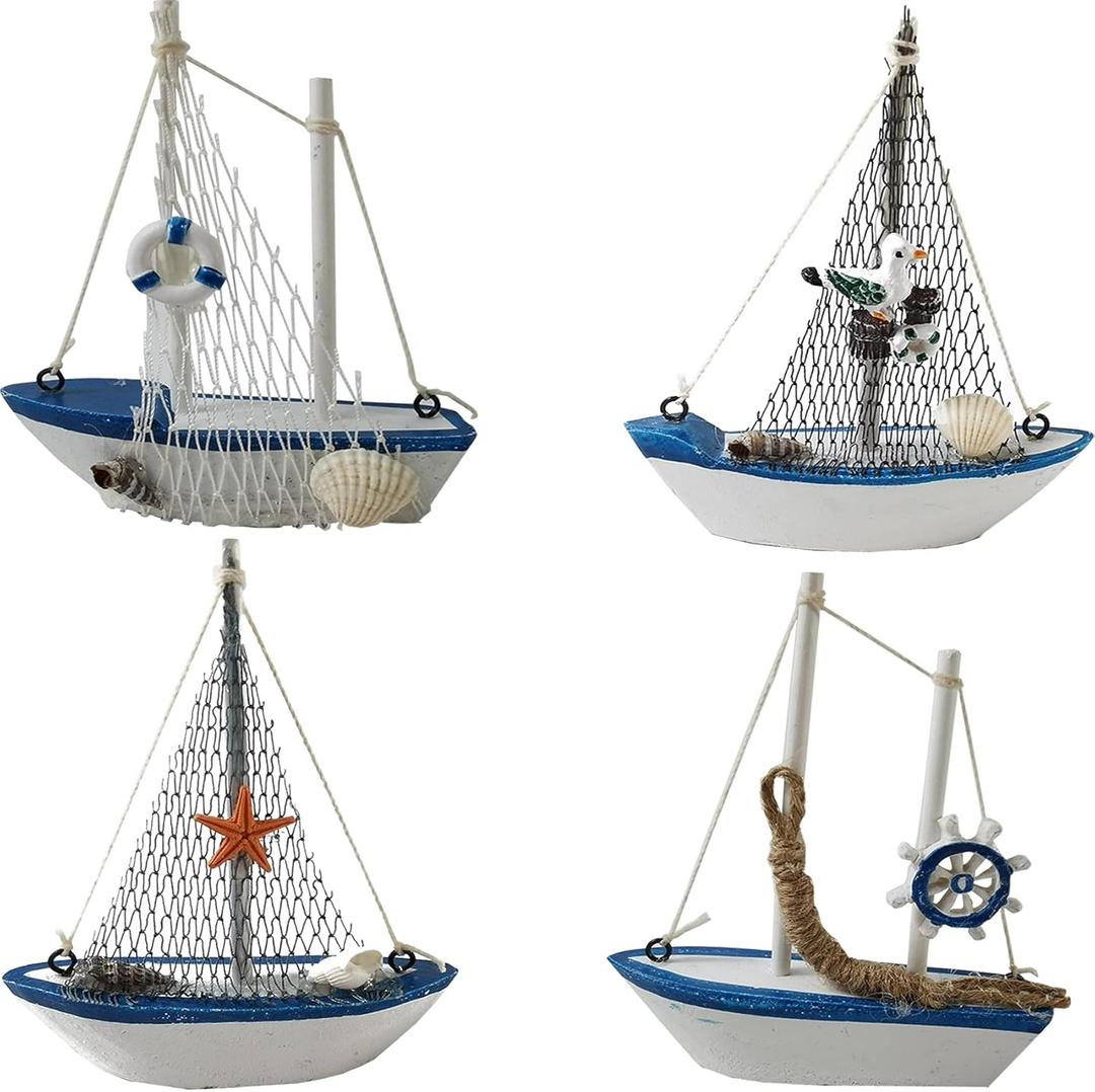 TIHOOD 4PCS Mini Sailboat Model Decoration Wooden Miniature Sailing Boat Home Decor Set, Beach Nautical Design, Navy Blue and White, 4.4 x 6.8 Inch (StyleB)