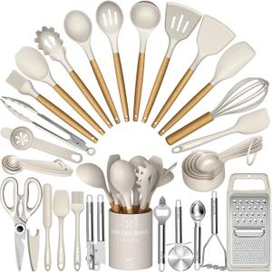 Umite Chef Silicone Kitchen Utensil Set, 34PCS Heat Resistant Kitchen Gadgets and Tools With Grater, Wood Handles for Nonstick Cookware (Khaki)