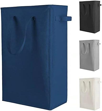 Odonata Slim Laundry Hamper Handles Collapsible Laundry Basket Thin Dirty Clothes Basket Narrow Laundry Bag Foldable Dirty Hamper 45L (Navy blue)