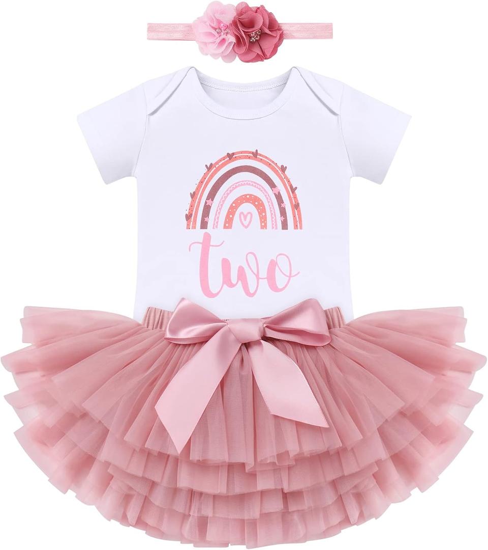 ODASDO Baby Girl Boho Rainbow 1st 2nd Birthday Cake Smash Outfit Romper Tutu Skirt Headband 3pcs Set Photo Props (2T, Dusty Pink - Two)