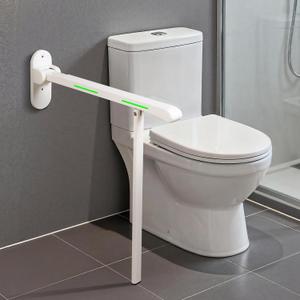 26.8 INCH Flip-Up Toilet Grab Bar with Support Leg, Wall-Mounted Safety Rail for Bathroom, Night Glow Strips on Both Sides, Folding Handrail for Elderly & Disabled