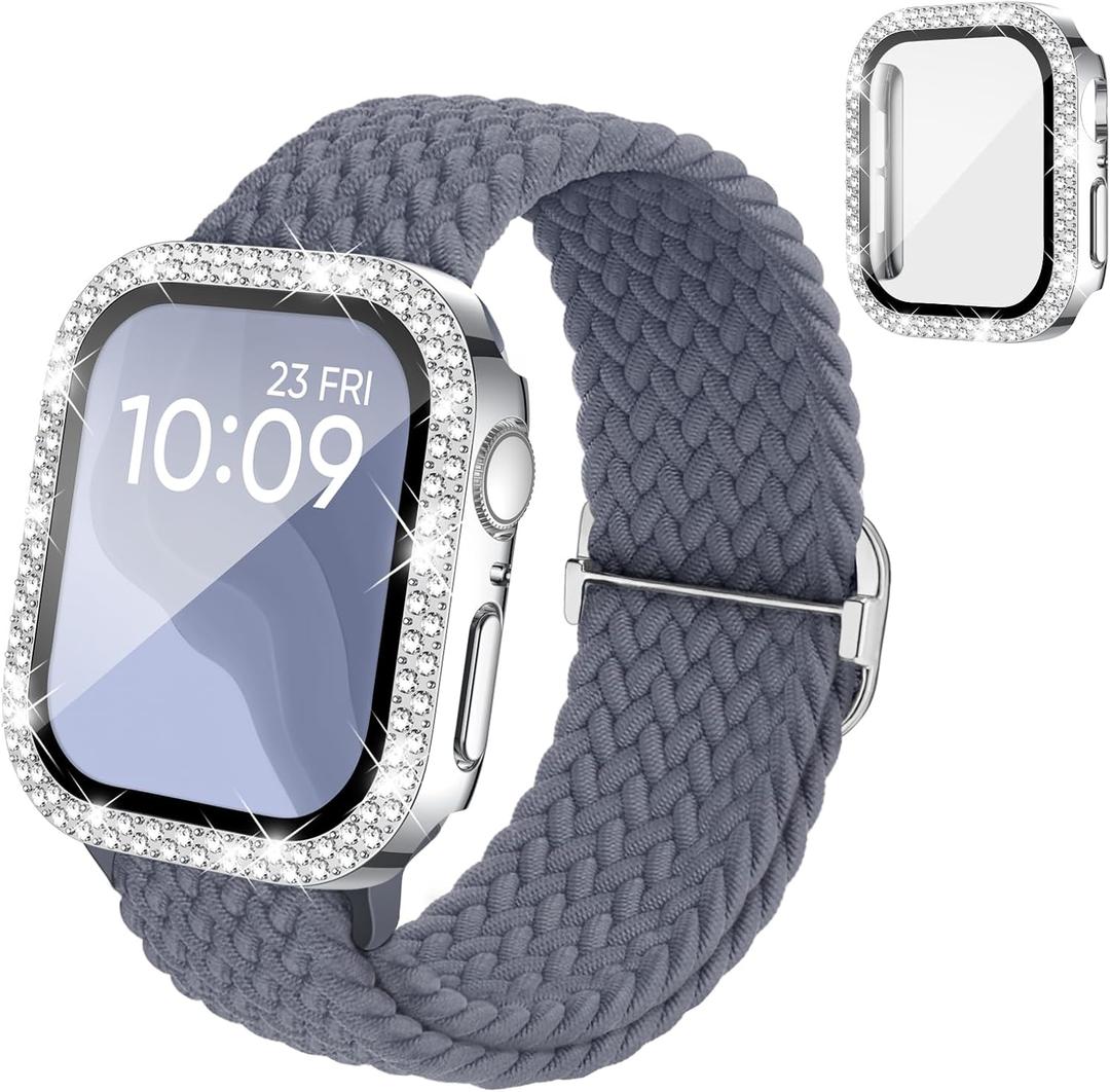 Braided Stretchy Band Compatible for Apple Watch Bands for Women and Case 40mm 41mm 42mm 44mm 45mm 46mm, Solace Solo Loop Bling Diamond Screen Protector Cover for iWatch Series 10 9 8 7 SE 6 5 4 (Blue Gray)