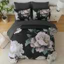 Dobuyly Black Comforter Set Queen 7 Piece Bed in a Bag, Floral Comforter Set with Sheets, Soft Microfiber Botanical Flower Bedding Set for All Season
