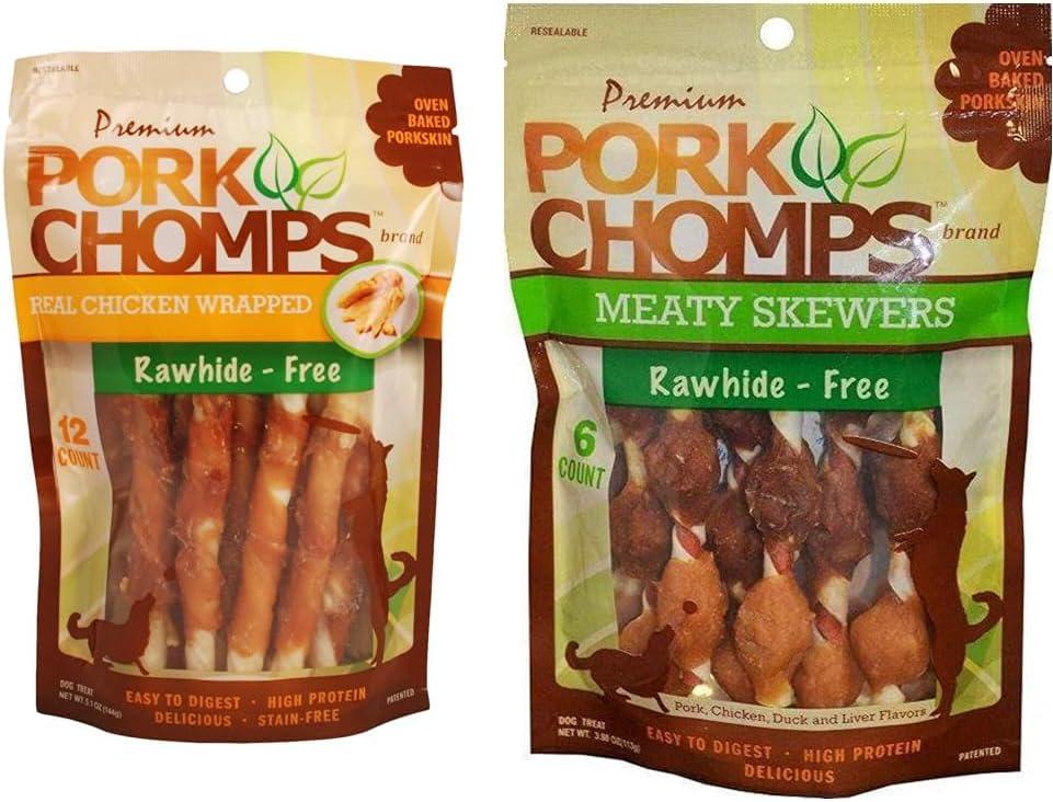 Pork Chomps Baked Pork Skin Dog Chews 12 Count, 5-inch Mini Twists & Premium 6CT Meaty Skewers, Brown, 3.98 Ounce Bundle, BB Date 10/07/2025