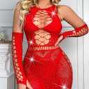 Avidlove Fishnet Lingerie Womens Mesh Chemise One Piece Babydoll Mini Dress Lace Sparkle Rhinestone Lingeries for Women (Red, M)