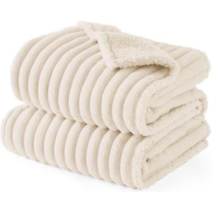 Bedsure ComfyFleece Waterproof Dog Blankets for Small Dogs - Soft Puppy Cat Blanket Corduroy Fleece Washable, Cozy Calming Reversible Furniture Protection for Pet Kitten Doggy,25"x35", Cream