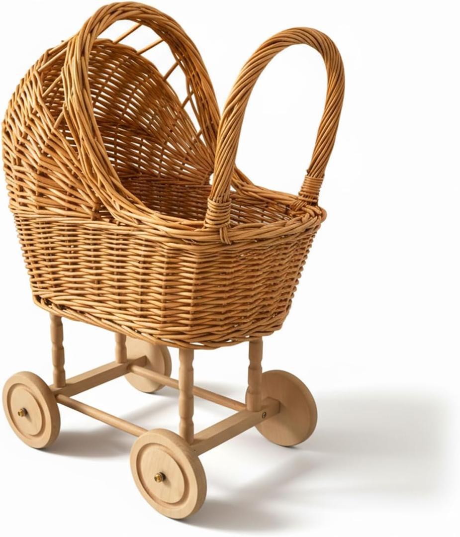 Wicker Carriage,Woven Rattan Stroller Shaped Flower Basket,Natural Willow BranchesUsed for Welcoming Infants, Wedding Parties, Home Decor, Floral Decoration, 21.85x14.37x8.86 inches