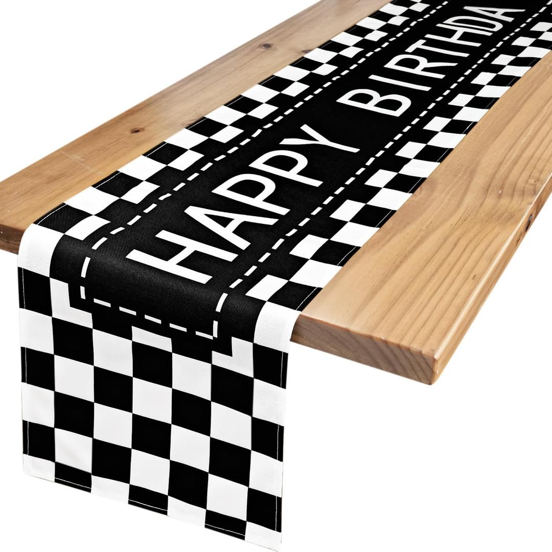 Happy Birthday Table Runner Black and White Checkerboard Birthday Party Decorations Racing Theme Party Sign, 72 Inches