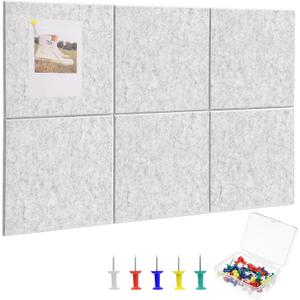 Large Cork Board 36" x 24", 6 Pack Felt Bulletin Board with 30 Pushpins, Cork Boards Alternative with Self-Adhesive Strips, Felt Wall Tiles Pin Boards for Walls Office Home School Decor-Light Gray