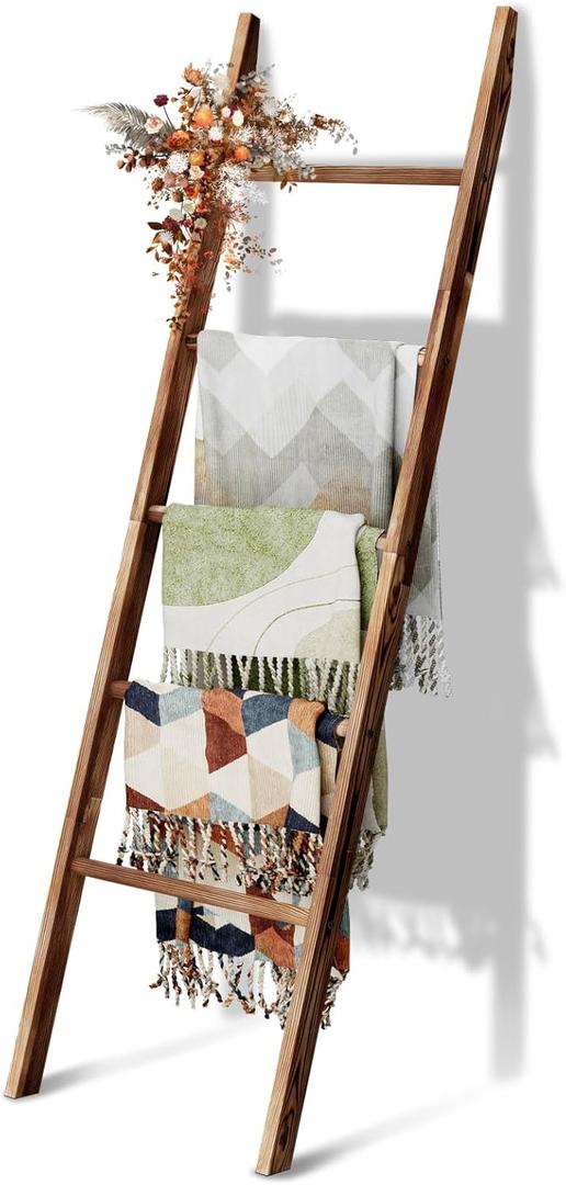 5-Tier Blanket Ladder Wooden, 5.3FT(63'') Blanket Quilt Holder Rack Decorative Ladders, Easy Assembly, Rustic Farmhouse Ladder Shelf for The Living Room Bedroom Bathroom Home Decor, Brown