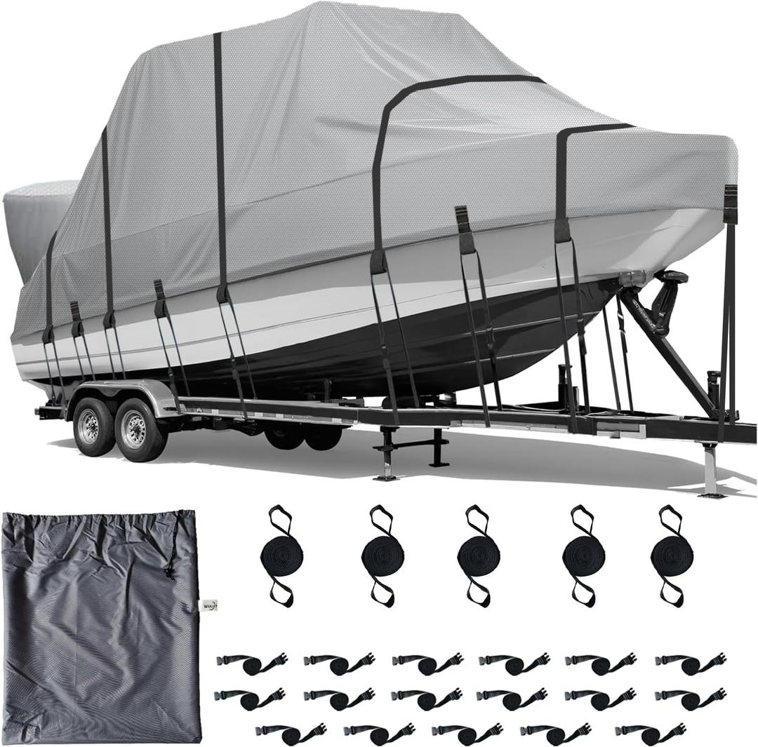 900D Marine Grade Solution-Dyed Polyester T Top/Hard Top Boat Cover, 21-23ft Heavy Duty Waterproof UV-Proof Windproof Mooring Central Console Boat Cover with 22 Windproof Straps & 2-in-1 Motor Cover