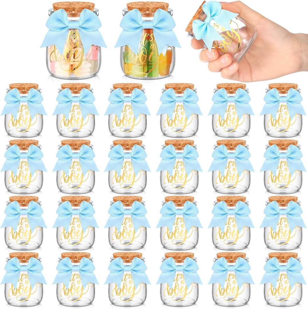 24 Sets Baby Shower Bottles Favors for Guests Glass 100 ml Milk Jar with Ribbons and Stickers Decorations for Gender Reveal Newborn Centerpiece Party Favor (Blue,It's A Boy)