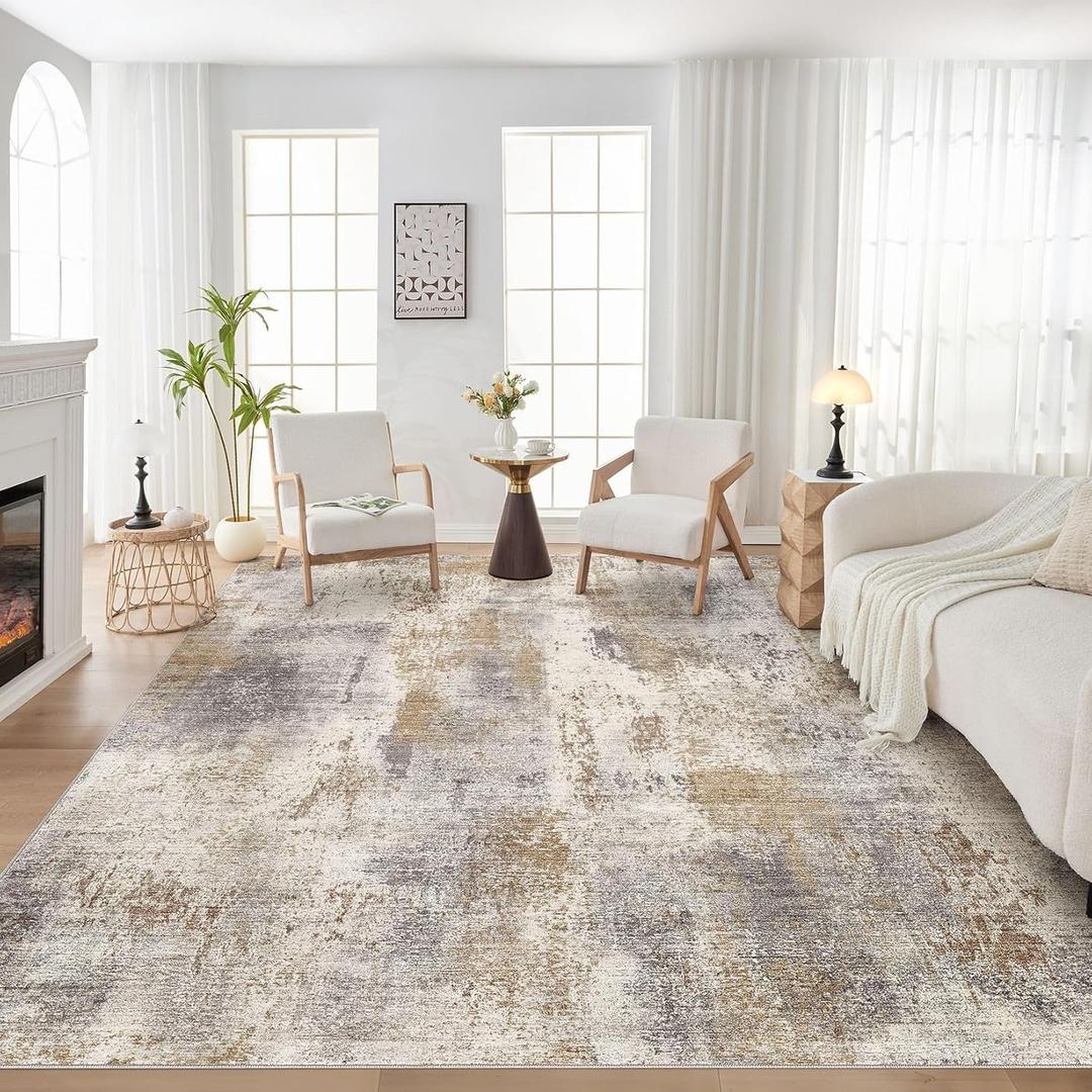 DMOYEST Area Rug Living Room Rugs - 8x10 Washable Large Soft Indoor Neutral Modern Abstract Low Pile Rug Carpet for Bedroom Dining Room Farmhouse Home Office - Brown Grey