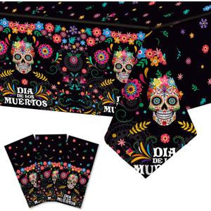 2 x 3pcs Day of The Dead Party Tablecloth, Mexican Dia De Los Muertos Table Cover Halloween Sugar Skull Floral Table Cover Fiesta Plastic Tablecloth for Party Decorations Supplies