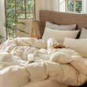 3 x MooMee Wavy Striped Duvet Cover Set 100% Washed Cotton Linen Like Textured Breathable Durable Soft Comfy (Cream White, King 104"x90")