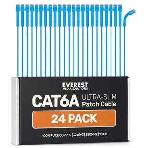 Everest Ultra Slim Cat6a Ethernet Patch Cables 0.5ft (24-Pack) Blue - 6 Inch 10GB Cat 6a Patch Cable - Bendable, Flexible & Thin Ethernet Cable - 32AWG 550MHZ Cat6a Cables - 100% Copper Wires