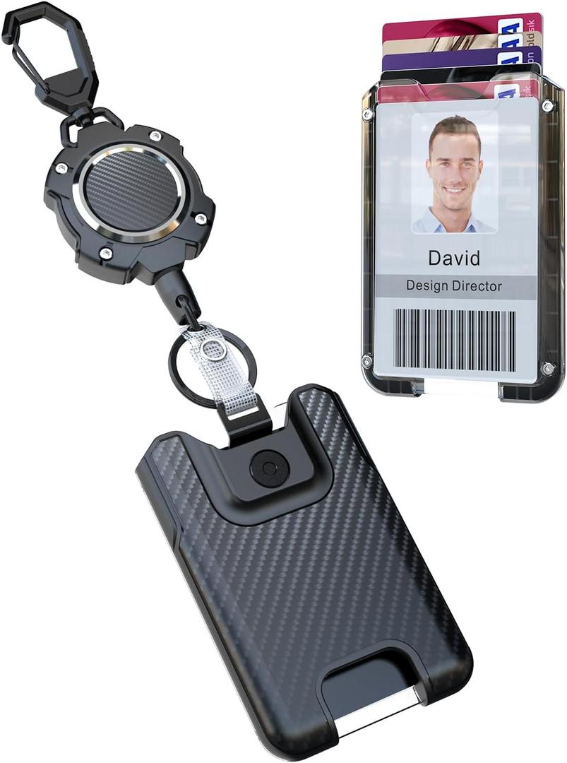 LIUGX Retractable Badge Holders, Heavy Duty Carabiner Keychain, Durable ID Card Holder (Holds 6 Cards), with 31.5 Badge Reel Key Chain, 10,000+ Rebound,Silver-Black