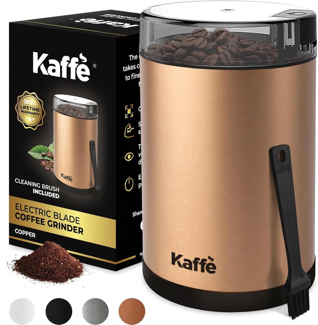 Kaffe One-Touch Coffee Grinder Electric w/Cleaning Brush (3 oz) - Stainless Steel - Coffee Grinders for Home Use - Up to 12 Cups of Coffee per Grind - Easy On/Off Coffee Bean Grinder - Copper