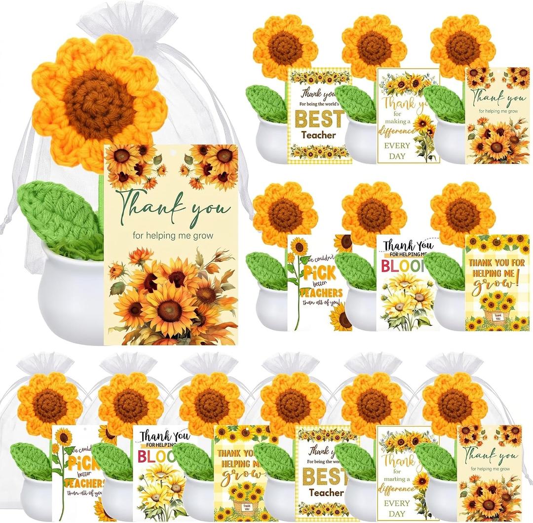 Jerify 12 Pcs Crochet Sunflower Gifts with Cards, Handmade Appreciation
Knitted Blooms with Cards Bulk for Teacher Women Friend Coworker, End of Year Favors, Table Decor, Handcrafted Yarn Flowers