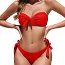 Zonsaoja Women Strapless Bandeau Bikini Set Knot Two Piece Swimsuit Side Tie Cheeky Bathing Suits (Small, Red)