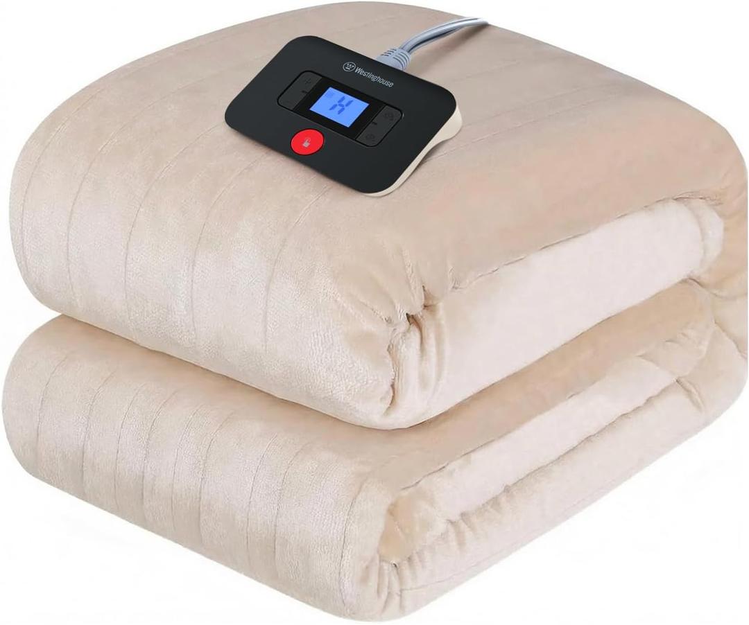 Westinghouse Electric Blanket Twin Size, Super Cozy Soft Flannel 62"" x 84"" Heated Blanket with 10 Fast Heating Levels & 112 AutoOff, Machine Washable, ETL&FCC Certification, Beige