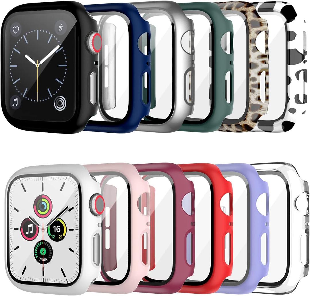 Cuteey 12 Pack Case with Tempered Glass Screen Protector for Apple Watch 44mm Series 6/SE/Series 5/Series 4,Full Matte Leopard Cow Pattern PC Cover for Iwatch 44mm Accessories (12 Colors, 44mm)