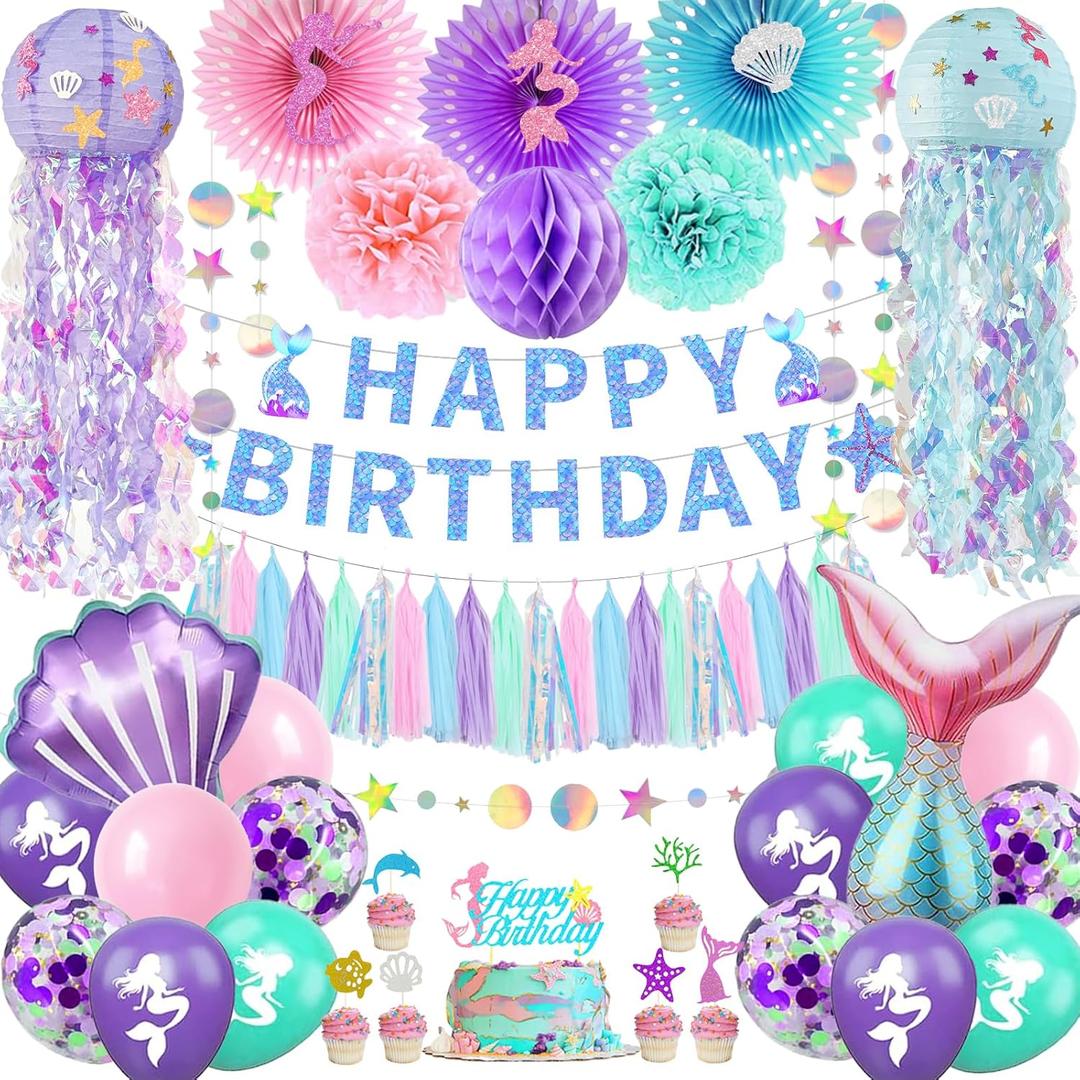Mermaid Birthday Party Decorations - Theme Supplies Include Banner, Balloons, Paper Fans, Curtains, Sash, Headband for Cake and Party Decor