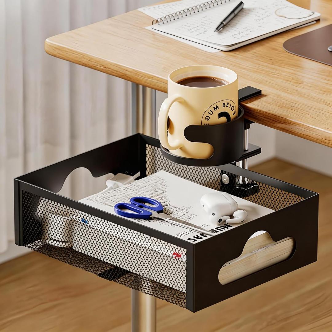 Clamp-On Under Desk Organizer with Cup Holder, 360 Rotating Mesh Drawer with Cable Hole, No-Drill Desk Drawer Organizer for Gaming Desk Accessories, Office Supplies, Coffee Mug, Dorm(2 in1)