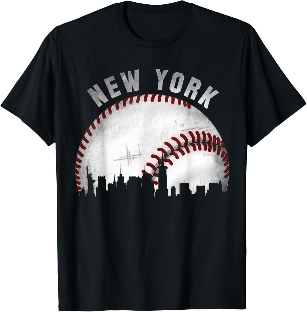 Vintage New York Skyline City Baseball T-Shirt (Small, Color: Navy Blue )