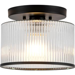 Glass Ceiling Light, Clear Ribbed Glass Ceiling Light Fixture with Black Metal Frame, Modern Semi Flush Mount Ceiling Light for Hallway, Bedroom, Bathroom, Entryway, Kitchen