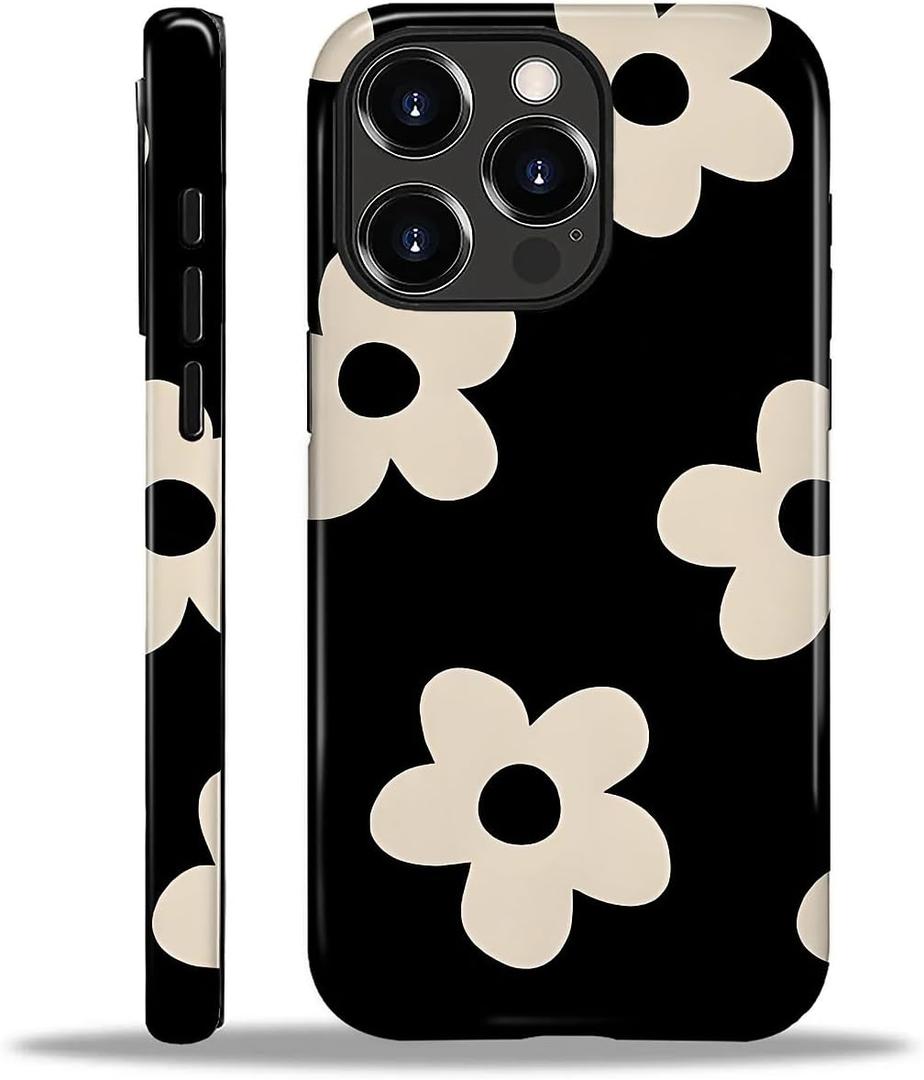 Compatible with iPhone 16 Pro Case - Dual-Layer Protection, Hard Shell with Silicone Interior,Slim Scratch Resistant Shockproof for Woman Men - Black White Flower Floral