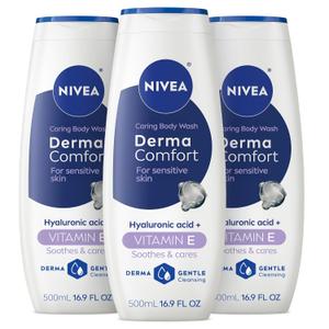 NIVEA Derma Comfort Caring Body Wash for Sensitive Skin, Body Wash with Hyaluronic Acid and Vitamin E, 16.9 Fl Oz Bottle, Pack of 3